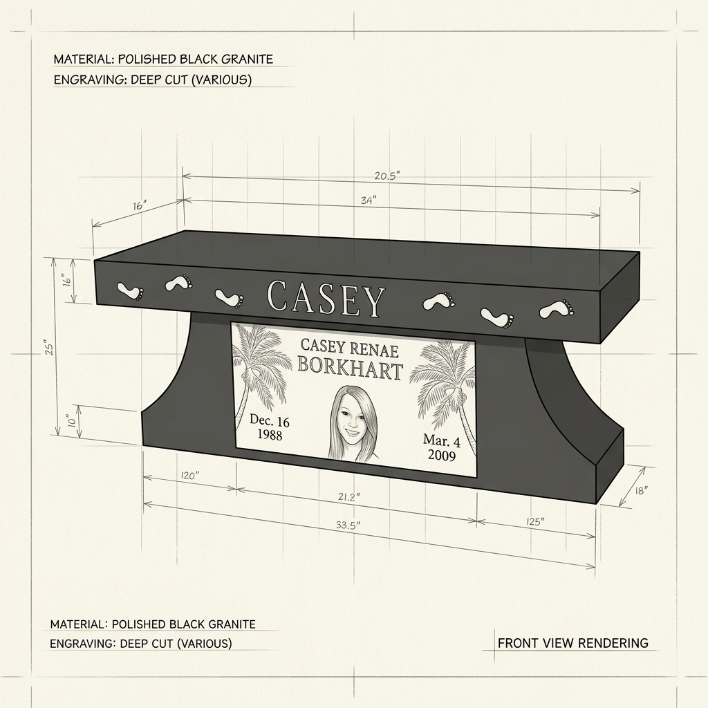 Concept drawing of the Van Zee Bahama Blue memorial bench with a portrait panel