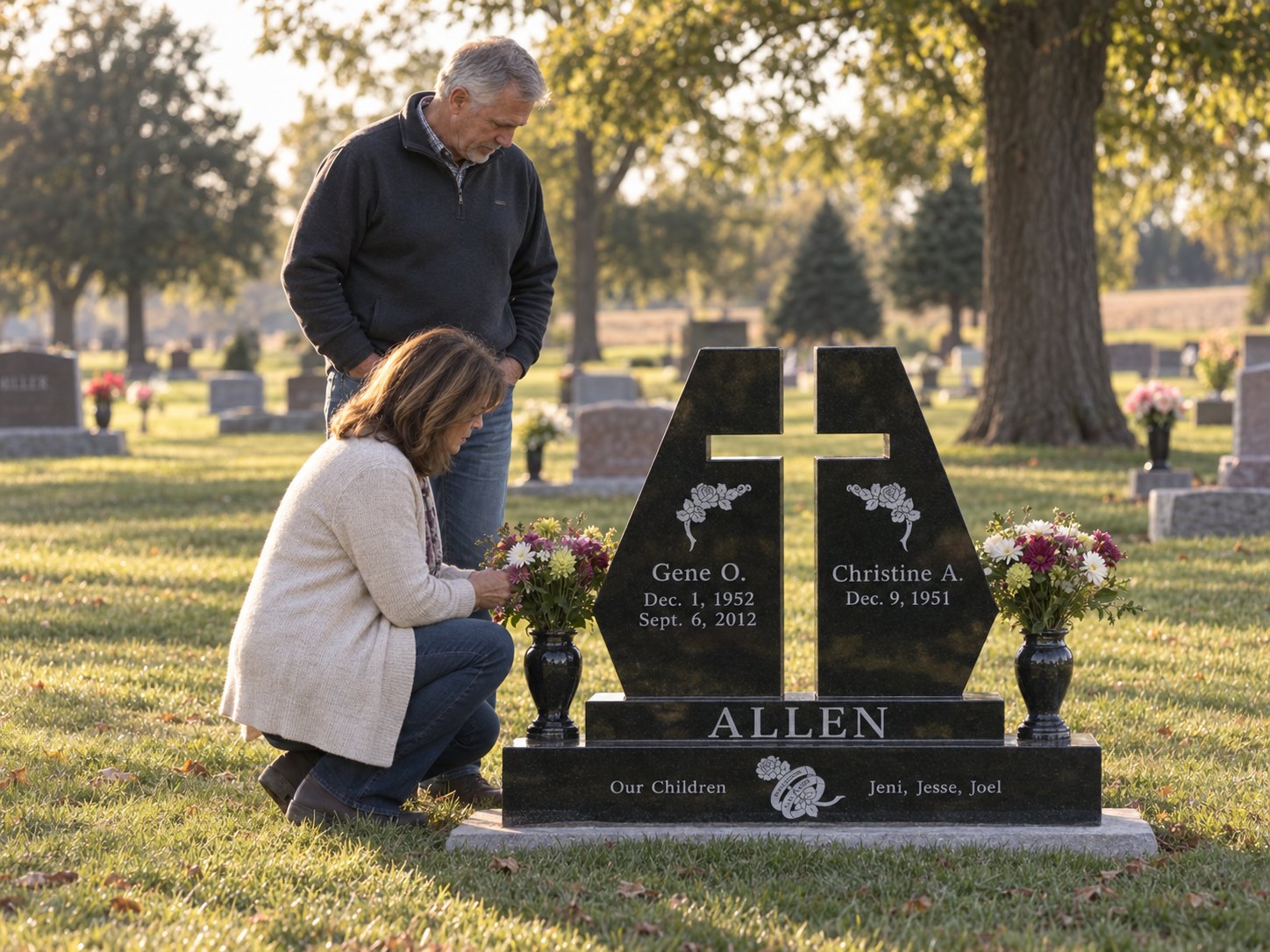Custom upright granite memorial with etched artwork and carved lettering, set on a base in a sunlit cemetery.
