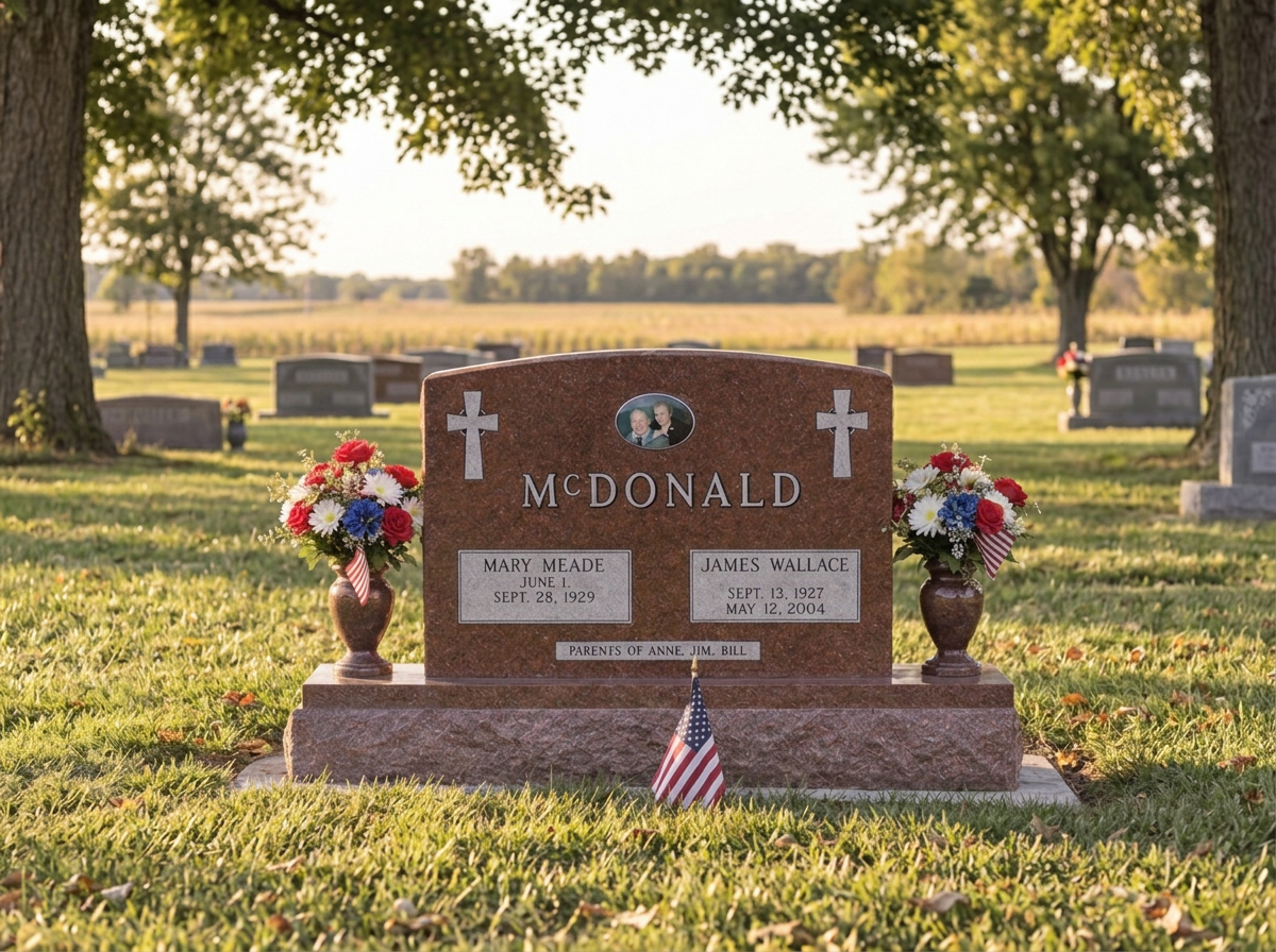 Traditional upright granite monument with carved family lettering standing on a shared base in cemetery grass.