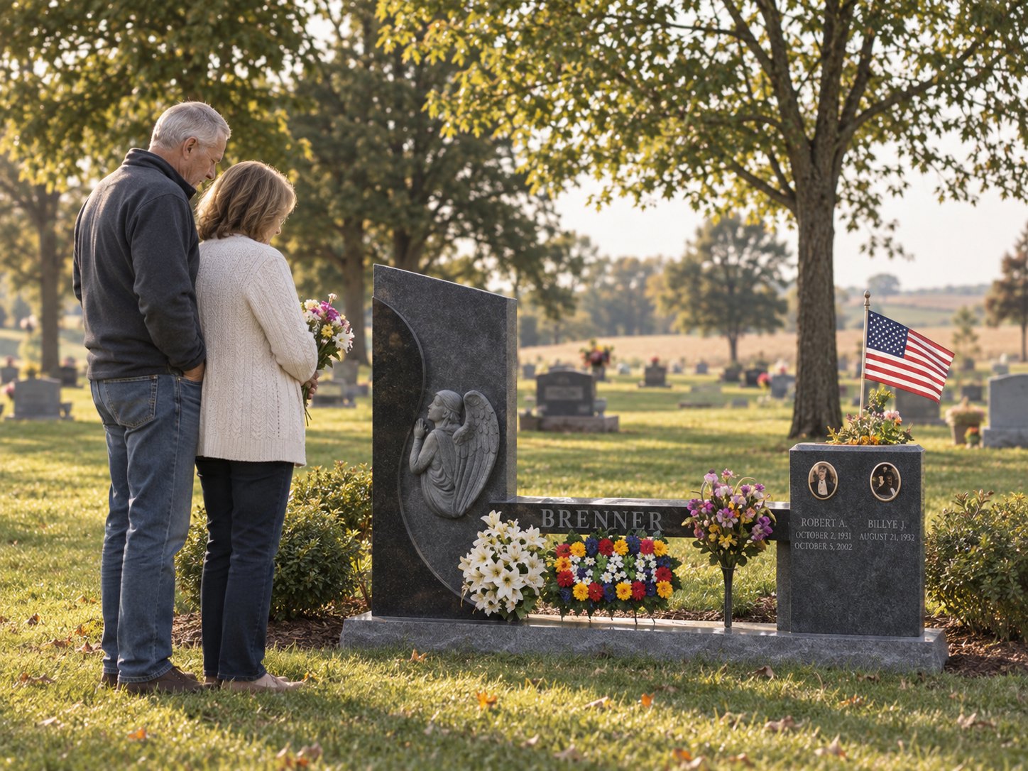 Custom granite veterans memorial carved with a service emblem, standing in a cemetery.
